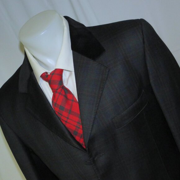William Hunt Green Tartan Plaid Velvet Collar Three Button Long Riding Jacket L - Picture 5 of 14